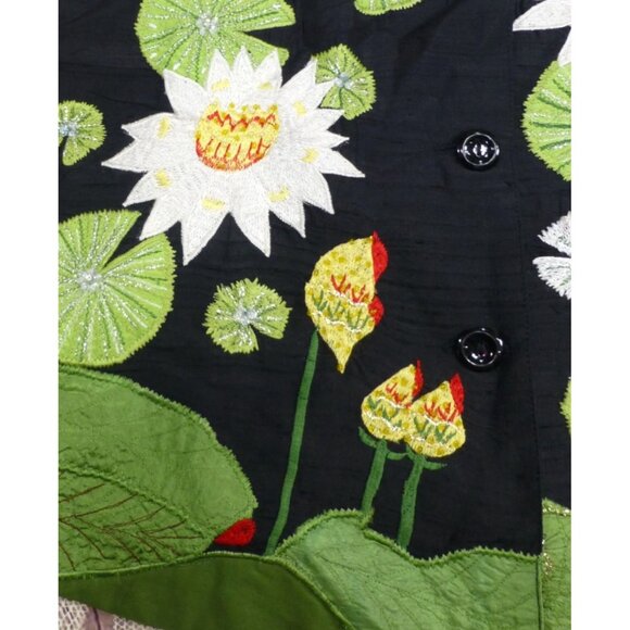 Handcrafted Tunic Nights Black Silk Jacket With Embroidered Lotus Flowers & Gree - Picture 2 of 11